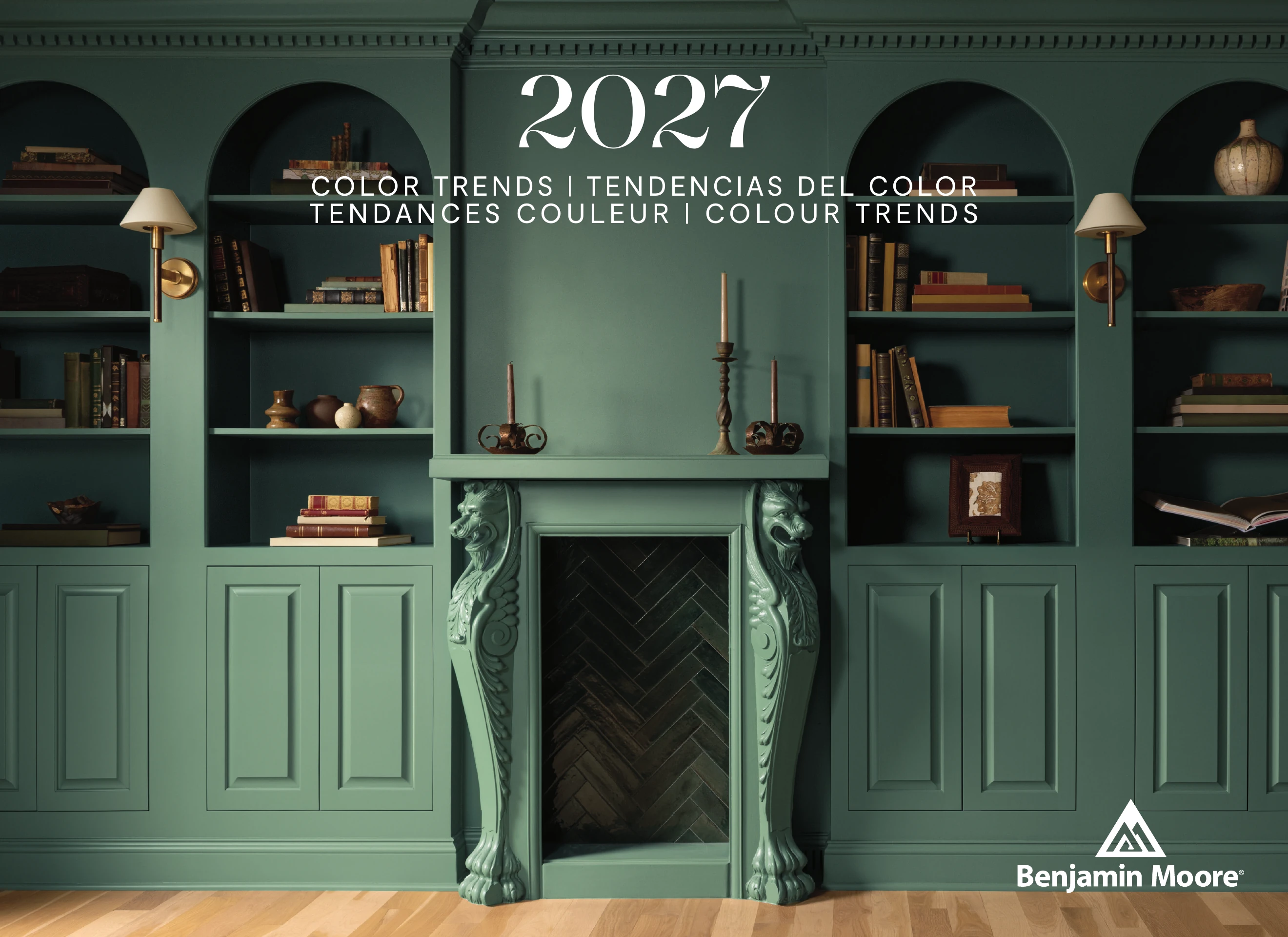 Spread 1: The official Color Trends 2027 catalog, featuring Webster Green HC-130 on paneled walls and built-in shelving.