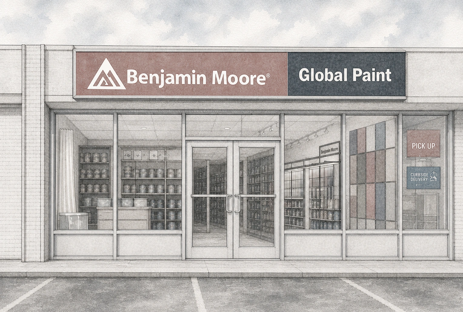 Architectural illustration of the Global Paint storefront in Brooklyn